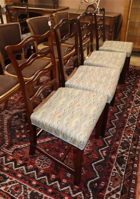 A harlequin set of ten George III mahogany ladderback dining chairs, with upholstered seats and chamfered legs